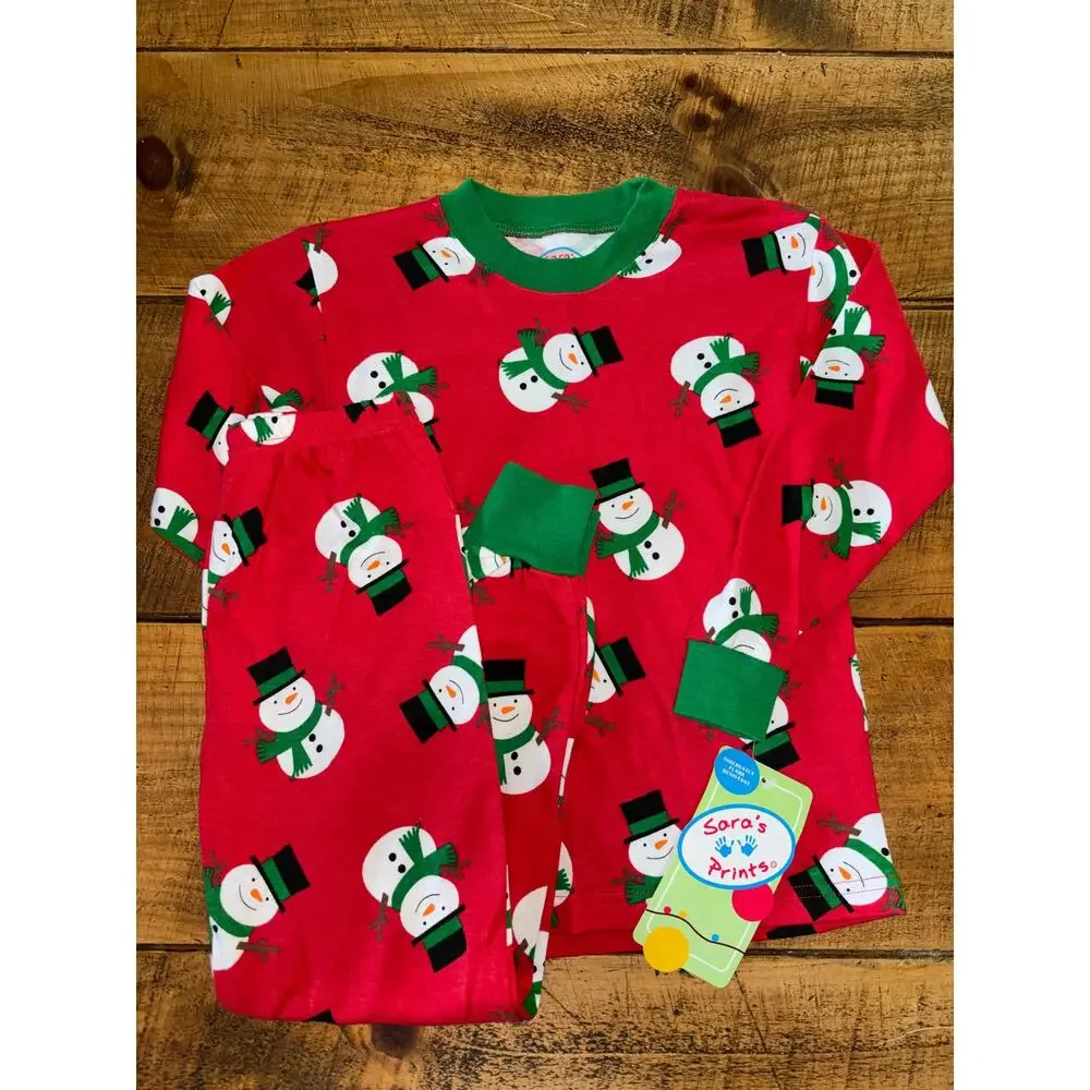 NEW Sara’s Prints Kids Red Green Snowman 2 Piece Pajama Set Flame Resistant 5‎